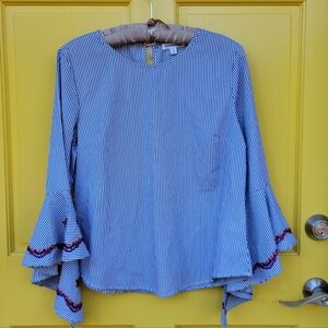 EUC Roommates Striped Bell Sleeve Embroidered Blouse | Size L
